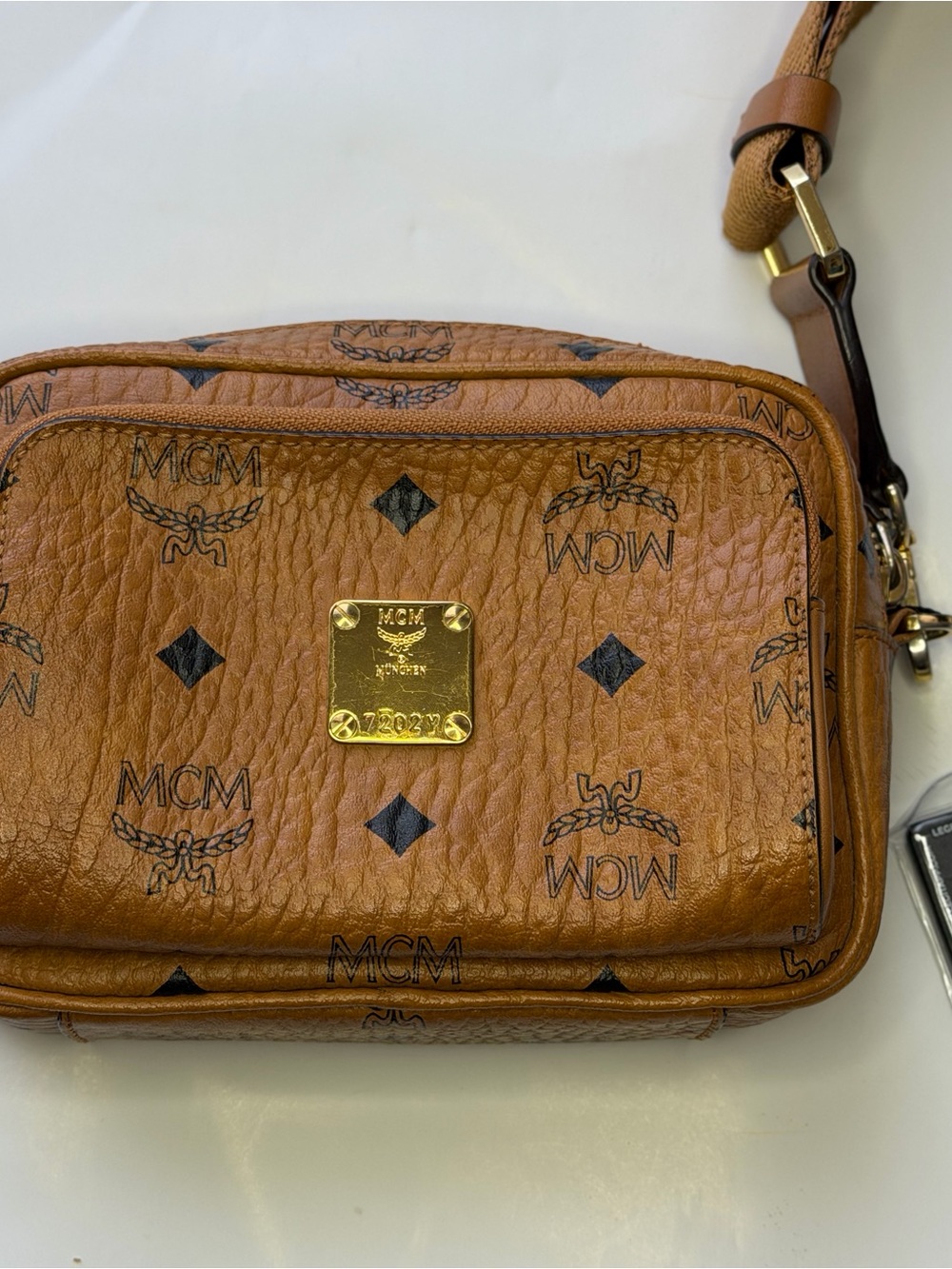 MCM Cognac Logo-Print Leather Belt Bag with Gold Plaque